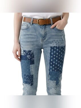 Juliette Patchwork Distressed Boho Grunge Straight Leg Jeans Size 2